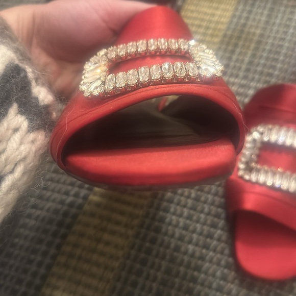 Roger Vivier Red Silk Slides with Crystal Embellished Signature Buckle - Picture 7 of 7